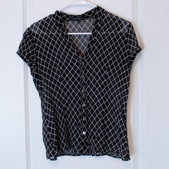 Y2K Express Studio Top Silk Sheer Black White Grid Short Sleeve M | True Winter - Picture 1 of 8